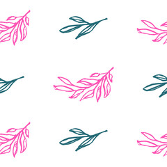 Fototapeta na wymiar Vector seamless pattern of wild twigs and leaves of blue and pink. Botanical background on a white background. Great for printing on fabric and paper.