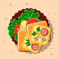 Light Breakfast With Toast, Cheese And Vegetables. Bread Slices On A Plate. View from above. Bright Colorful Food Picture For Cafe Or Restaurant.