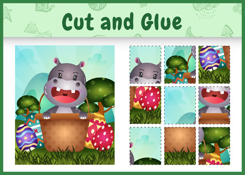 Children board game cut and glue themed easter with a cute hippo in the bucket egg