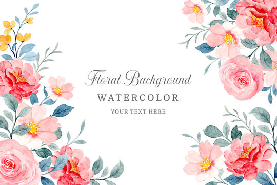 Watercolor floral background. Beautiful red and pink flower frame