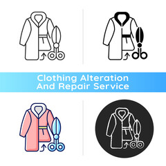 Fur repair and alterations black linear icon. Workshop to fix coat length. Professional tailor studio. Clothing production services. Outline symbol on white space. Vector isolated illustration