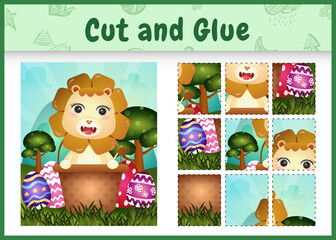 Children board game cut and glue themed easter with a cute lion in the bucket egg