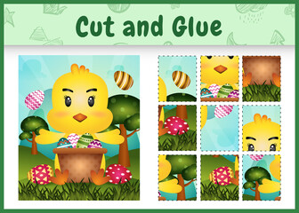 Children board game cut and glue themed easter with a cute chick in the bucket egg