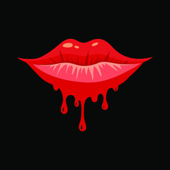 Red lips and blood on a black background, vector illustration