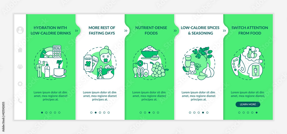 Poster intermittent fasting strategy onboarding vector template. low calorie seasoning. switch attention fr