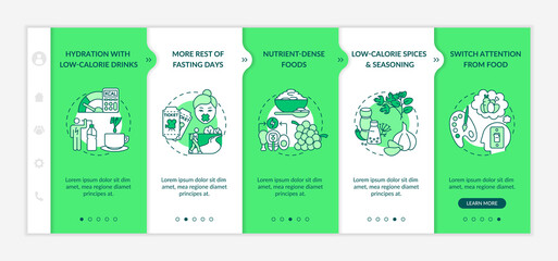 Naklejka premium Intermittent fasting strategy onboarding vector template. Low calorie seasoning. Switch attention from food. Responsive mobile website with icons. Webpage walkthrough step screens. RGB color concept