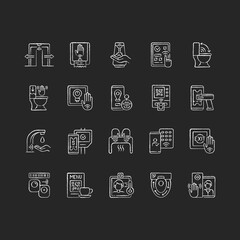 Contactless technology chalk white icons set on black background. Controlling house eco system from smartphone. Reducing germ spreading during covid. Isolated vector chalkboard illustrations