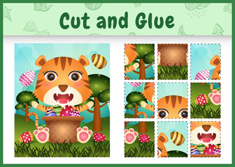 Children board game cut and glue themed easter with a cute tiger in the bucket egg