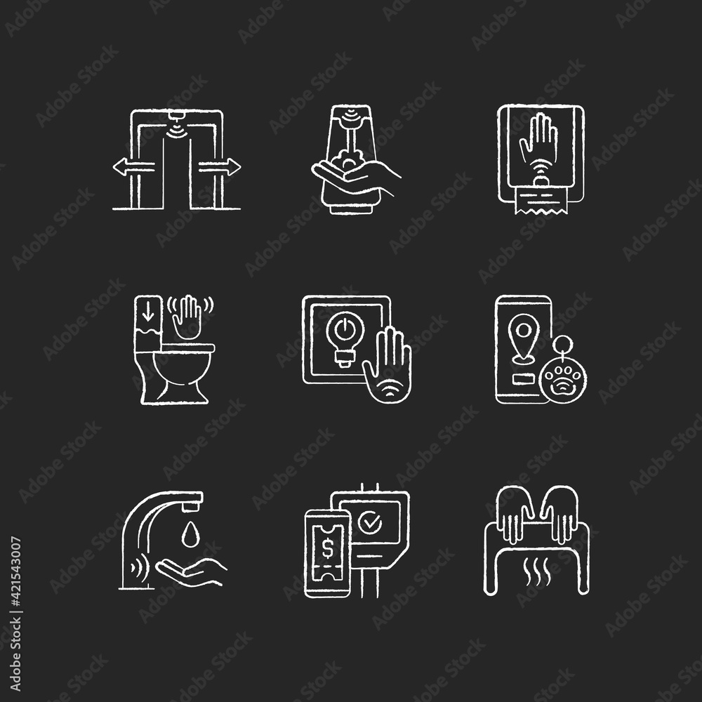 Poster contactless technology chalk white icons set on black background. smart devices with interaction thr
