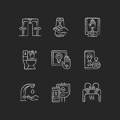 Contactless technology chalk white icons set on black background. Smart devices with interaction through devices. Remote control for home system. Isolated vector chalkboard illustrations