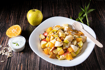 Healthy Fruits and vegetable salad photoshoots on dark background.