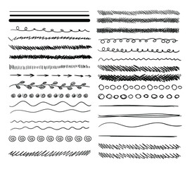 Vector set of doodle sketches, scribble lines, design elements isolated on white background, hand drawn deviding lines.
