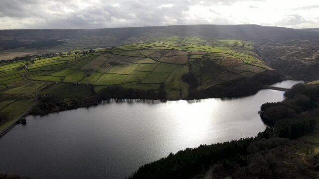 Drone Fly Over Aerial View Of Beautiful Digley Reservoir Peak District Holmfirth West Yorkshire