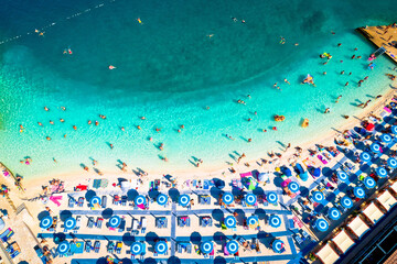 Aerial view of Poli Mora turquoise sand beach in Selce