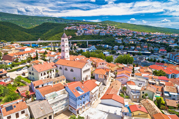 Fototapeta na wymiar Crikvenica. Town on Adriatic sea church and landscape aerial view