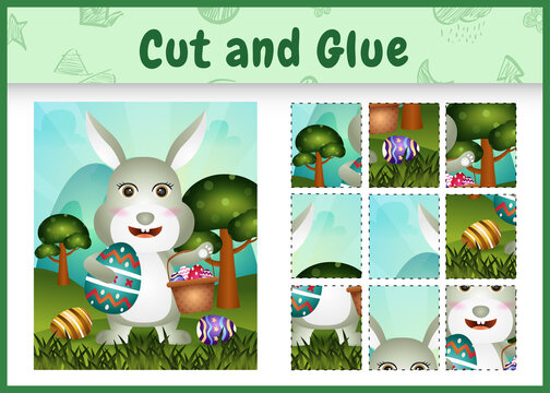 Children board game cut and glue themed easter with a cute rabbit holding the bucket egg and easter egg