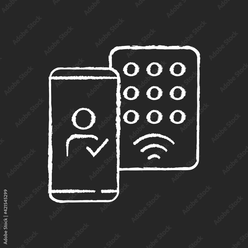 Poster detecting mobile credentials chalk white icon on black background. authenticate with smartphone and 