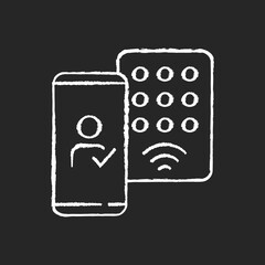 Detecting mobile credentials chalk white icon on black background. Authenticate with smartphone and use it as key to access the office or other facility. Isolated vector chalkboard illustration
