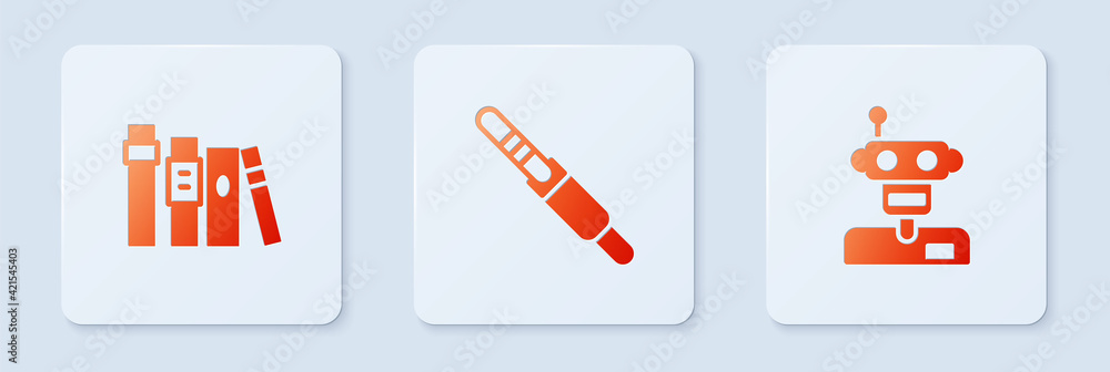 Poster set audio jack, book and robot. white square button. vector