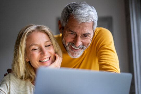 Smiling mature couple using laptop