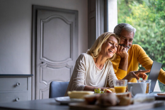 Smiling mature couple using laptop at home
