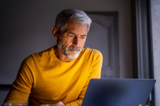 Serious mature man using laptop at home
