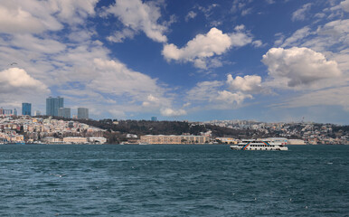 (Istanbul - Turkey 15 February 2021) Istanbul Strait and passenger ferries.