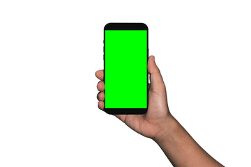 Smartphone frameless mockup. Studio shot of green screen smartphone with blank screen for Infographic Global Business web site design app, Content for technology - include clipping pat.	