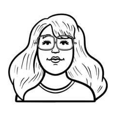 monochrome comic illustration of a chubby woman. avatar, emotion, glasses.