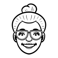 girl head with glasses and bun. emotion, avatar, comic, monochrome.