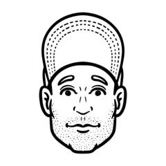 comic man head with baseball cap. monochrome, avatar, isolated.