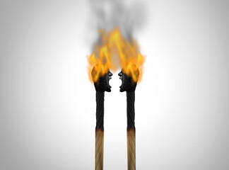 Mutual destruction and destroying each other due to a disagreement or toxic relationship fight in mutually destructive results as two matches shaped as angry people getting both burned and destroyed