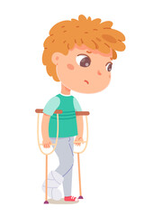 Hurt boy with broken leg in gypsum. Child unwell standing vector illustration. Little frustrated kid holding crutches in hands, leg in plaster isolated on white background