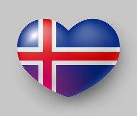 Obraz premium Heart shaped glossy national flag of Iceland. European country national flag button, symbol of Iceland in patriotic colors realistic vector illustration on gray background