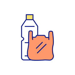 Obraz premium Plastic bottle and bag RGB color icon. Impact of harmful emissions on climate change. Lengthy decomposition process. Microplastics effect. The harm from plastic waste. Isolated vector illustration