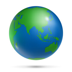 Earth globe with green continents and blue oceans. Earth planet, detailed world map focused on on Asia and Australia. Travel around the world realistic vector illustration isolated on white background