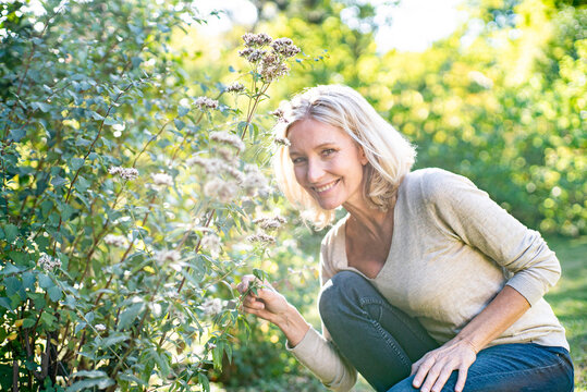 Portrait of smiling mature woman holding plant in backyard