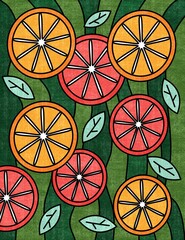 Cute illustration with citrus fruits and leaves