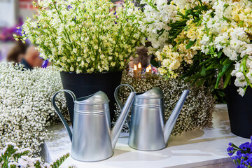 Garden metal watering cans are sold in the hardware store on the retail shelf. the concept of care for indoor and garden plants