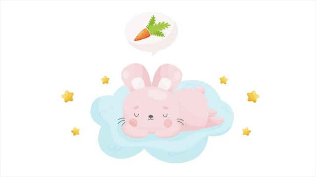 Cute bunny speeping on the fluffy cloud and dreaming about carrot. Vector animation video