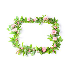 frame of fresh flowers on a white background. pink buds and green rose leaves. flat lay, square frame