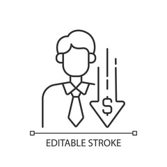 Discount broker linear icon. Falling price. Cost reduction. Financial recession. Economic failure. Thin line customizable illustration. Contour symbol. Vector isolated outline drawing. Editable stroke