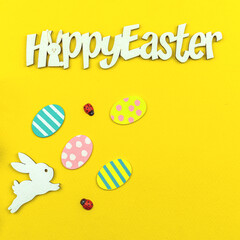 Cute happy easter postcard or greeting card concept, traditional holiday background with eggs and bunny