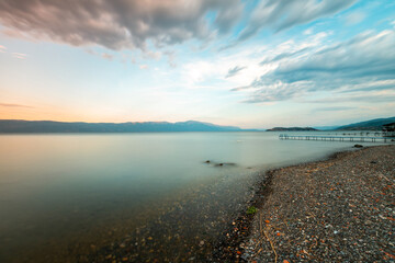 Scenic view of Lake Ohrid against cloudy sky, North Macedonia