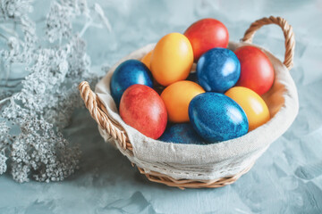 Basket of painted eggs on the Easter table. Top view, banne