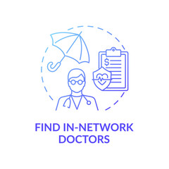 Find in-network doctors blue gradient concept icon. Health insurance. Contract for medical assistance. Family doctor idea thin line illustration. Vector isolated outline RGB color drawing