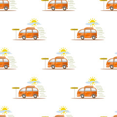 Seamless pattern. Cartoon orange minivan car driving forward. Clouds, sun, road sign and speed on white background in staggered