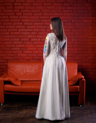 woman in red dress with hair