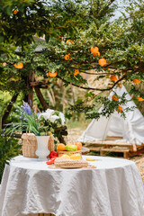 Cute table with fruit and flower in orange farm.