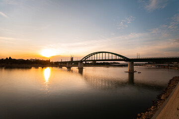 View of Old Sava Bridge over Sava river in Belgrade city